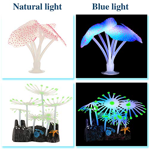 Weewooday 57 Pieces Glowing Fish Tank Decorations Plants with Simulation Silicone Coral Glowing Jellyfish Lotus Leaf Changeable Green Sea Anemone Luminous Stones for Aquarium Fish Tank Ornament