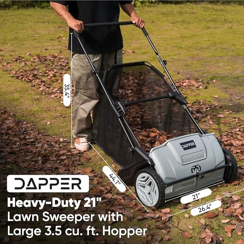 Dapper Supply 21-Inch Push Lawn Sweeper, Grass, Lawn and Leaf Cleanup Collector with Large 3.5 cu. ft. Hopper Bag, Durable Wheels, and Dual Spinning Brushes, Grey