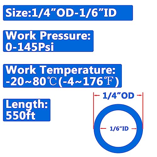 Pneumatic 1/4" OD Tubing 550Ft PU Air Tube Hose Pipe for Air Line or Water Transfer (Blue) - color: Blue, size: 1/4"OD