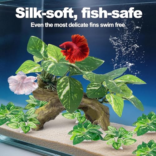 9 Pcs Fish Tank Decor，Silk Aquarium Plants Green Silk Leaf pad Hammock Artifical Driftwood cave Betta Fish Tank Accessories 6 x 3 x 4 inches(LxWxH)