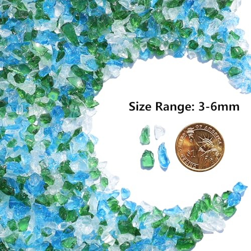 QYGL Crushed Glass for Resin Art, DIY Crafts, and Home Decor - 0.9LB Green Mix Broken Glass Pieces 3-6mm, for Vase Fillers, Tabletop Fire Pit, and Aquarium Rocks - color: Green, Aquamarine, White