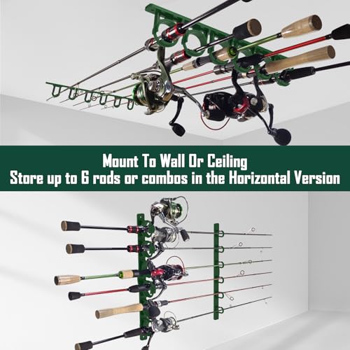 Aventik Vertical/Horizontal Fishing Rod Holder For Garage, Wall, Ceiling Holds Up To 6/12 Fishing Pole Holders（2 Pack Green） - style: 2 Pack Green