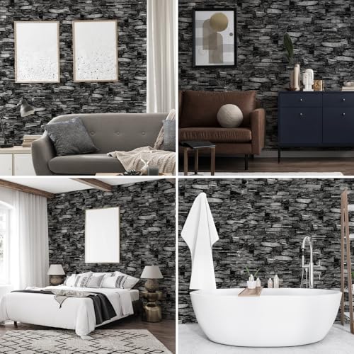 10 Pack 3D Wall Panels Peel and Stick, Waterproof Foam Stone 3D Wallpaper, Self Adhesive Foam Wallpaper for Bedroom Bathroom Kitchen (13.7 * 15.1in) - color: Black Rock, size: 10 Pack