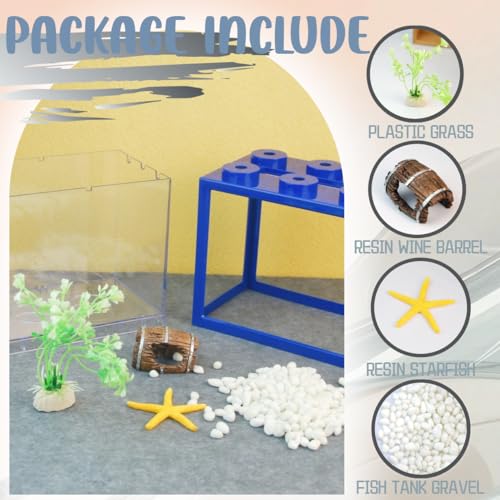 Small Betta Fish Tank, Stackable Mini Fish Tank Tiny Aquarium Tank Kit with Aquarium Gravel & Resin Decorations, 0.6 Gallon Cube Desktop Fishbowl for Snails, Crabs, Starfish (Blue) - color: Blue