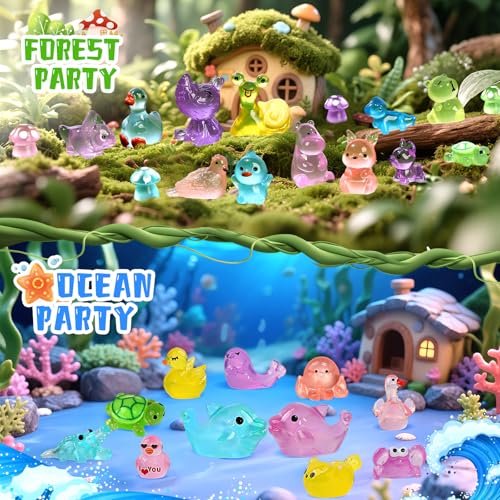 EKisemio 180pcs Mini Resin Animals Glow in The Dark, Luminous Plastic Animals Variety Pack, Tiny Resin Figures to Hide, Miniature Figurines for Micro Landscape Fairy Aquarium Dollhouse Décor Desk Pets