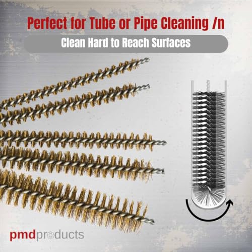 PMD Products 10-Piece Tube Cleaning Brush Kit | Brass Wire Bore Brushes & Stainless Steel Brushes 12" Long (1/4" to 3/4") for Tubes, Cylinders, and Narrow Spaces