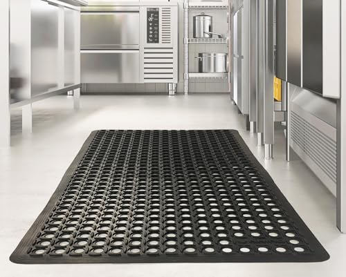Rhino Mats, K-Series Comfort Tract Anti-Fatigue Drain-Thru Beveled Floor Mat, Drainage Non-Slip Grease-Resistance for Kitchen, Restaurant, Pool, Gym, Bar or Patio (Black, 3' x 5' x 1/2") - size: 3' x 5' x 0.5" Black