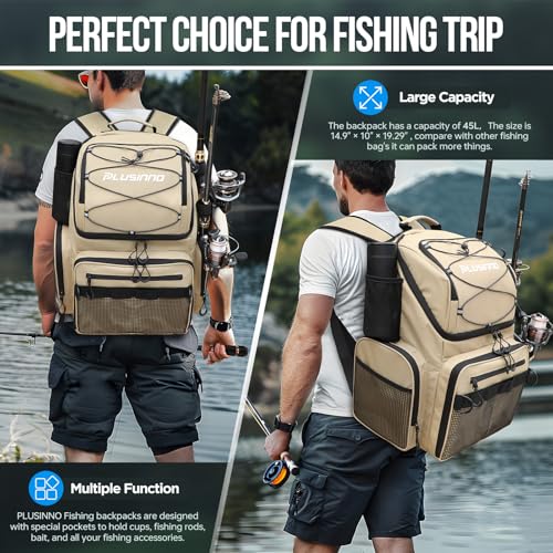 PLUSINNO Cooler Fishing Backpack with Rod Holders 45L Large Water-resistant Fishing Tackle bag Store Fishing Gear Fishing Gifts for Men Father - color: Khaki with box