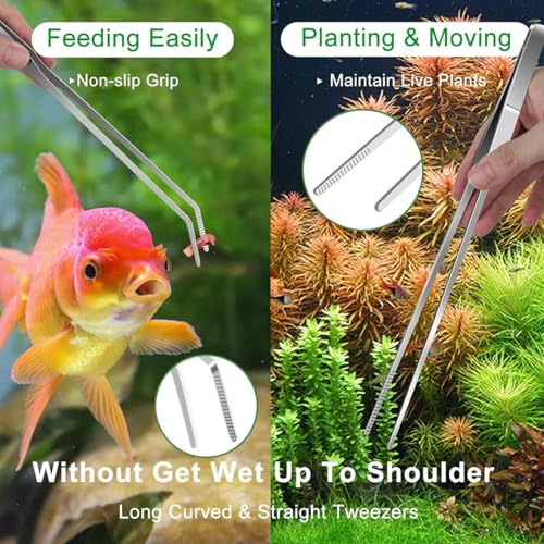Aquarium Tools,4 in 1 Stainless Steel Long Tweezers - Aquatic Plant Tool | for Saltwater Cleaning Betta Shrimp Frog Terrarium Landscaping