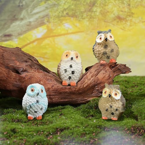 4pcs Mini Resin Owls and 1pcs Branch, Miniature Owl Figurines for Fairy Garden Accessories, Plant Pot, Bonsai Craft Decor, Cake Topper, DIY Home Micro Landscape Ornaments - style: Owl and Branch