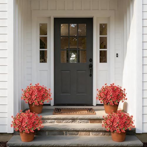 VIERENA 12 Bundles Artificial Flowers and Eucalyptus for Outside, Sun Resistant Silk Fake Morning Glory with Faux Eucalyptus Plants for Garden Porch Farmhouse Home Spring Summer Decor (Red) - color: Red