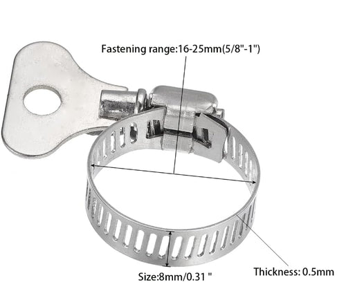 10-Pack 304 Stainless Steel Hose Clamps with Adjustable Thumb Screw, Key-Type Design, 8mm Bandwidth, Ideal for Plumbing, Automotive, and Machinery Applications (Size:16-25mm(5/8"-1") - size: Size:16-25mm(0.63"-0.984")