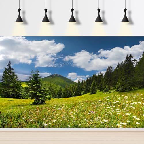 Mountain Valley Aquarium Background Cloudy Blue Sky Fish Tank Background Lush Green Pine Trees Natural Landscape Reptile Tank Backgrounds Spring Flowers Meadow Reptile Enclosure Backgrounds 24x16in - color: Green, size: 24(W)x16(H)inches/ 60(W)*40cm(H)