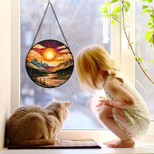 DASTOLL Stained Glass Window Hanging, Dusk Sunset Landscape Sun Catchers Glass Panel Lakes and Mountains Suncatcher Decor for Birthday for Women, Men, Wife, Aunt, and Mom 7.8 in - color: Golden Red, size: 7.8x7.8 IN
