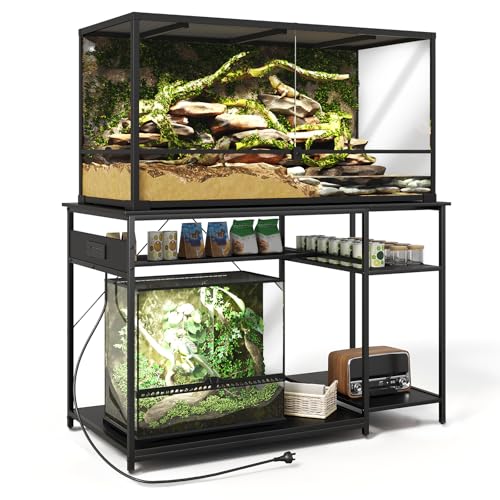 120 Gallon Fish Tank Stand with Power Outlets, Heavy Duty Large Aquarium Stand with Light, Double Reptile Tank Turtle Terrariums Table for Fish Tank Accessories Storage,1100LBS Capacity - color: Black
