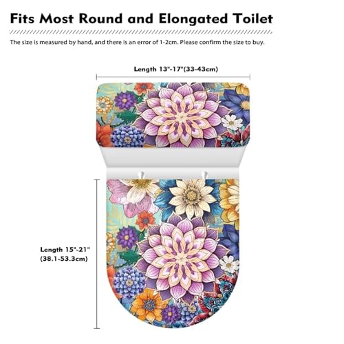 Toilet Tank Lid Cover Replacement Set of 2, Bathroom Toilet Covers Set with Elastic Bottom Fits Most Size Toilet Tanks & Lids Indoor Decoration, Boho Flower Blue Purple - color: Boho Flower Blue Purple