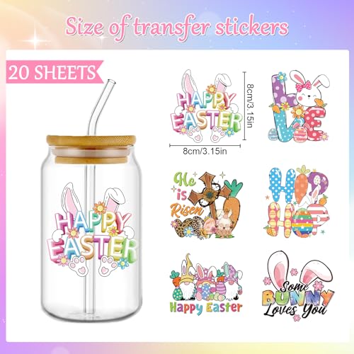Rngmsi Easter UV DTF Cup Wrap - 20 Sheets Easter Egg UV DTF Wraps for 16 oz Glass Cups, Bunny Gnome UVDTF Decals for Coffee Mugs, Waterproof Rub on Transfer Stickers, DIY Crafts - style: Happy Easter