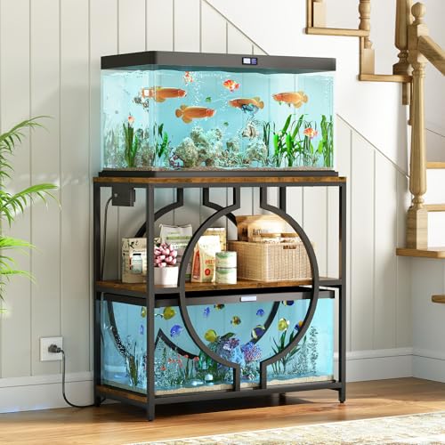 HavenlyYouth 20-29 Gallon Aquarium Stand with Power Outlet, 3 Tier Heavy Duty Metal Fish Tank Stand with Storage Shelf, Fish Tank Table for Home Office, 31.5" L x 15.7" W x 31.2" H, Rustic Brown - size: 20-29 Gallon