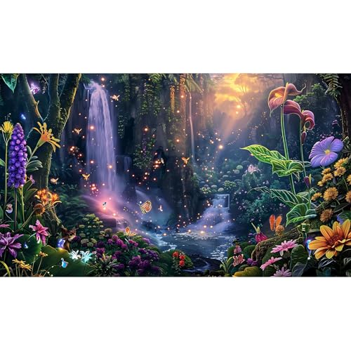 Fantasy Garden Aquarium Background Sunset Waterfall and Flowers Terrarium Backdrop Tropical Forest Lush Plant Magic Butterfly Lights Flowers Fish Tank Background Poster Decorations 24x16in - color: Purple, size: 24(W)x16(H)in