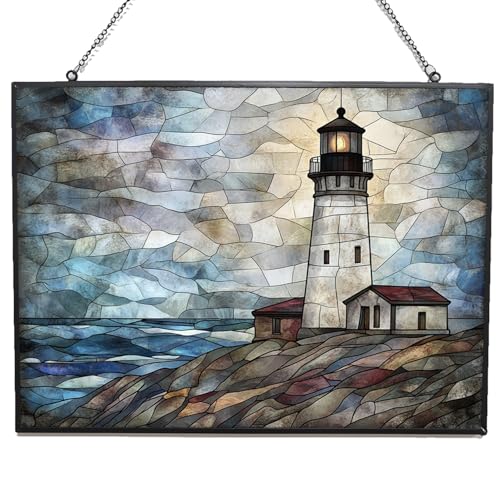 Customized Rectangle Vintage Lighthouse Shore Stained Glass Window Hanging, Suncatcher for Women, Stained Glass Window Decor Perfect Home Décor - color: Vintage Lighthouse Shore 3, size: 15x11 IN
