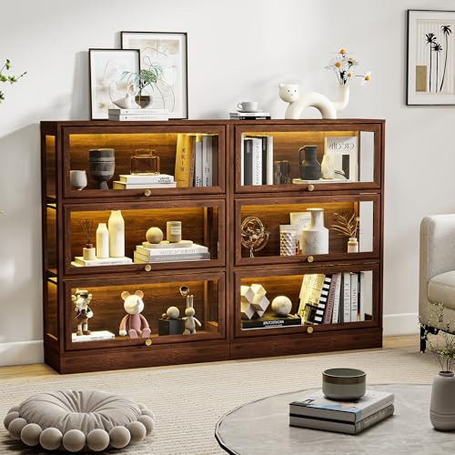 Display Cabinet with Acrylic Glass Doors,3-Tiers Curio Cabinet with LED Lighting for Collectibles, Collectibles Toy Organizers Rack & Display Shelf Display Case Storage Cabinet,Walnut - color: Walnut, size: 31" W x 42" H
