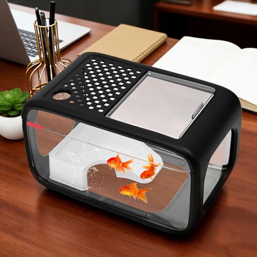 3.2 Gallon Plastic Fish Tank, Small Aquarium for Betta Fish Shrimp & Aquatic Plants, Shatterproof Mini Habitat with Clear Clarity, Desktop Decor for Home Office Plants Succulents (Black) - color: Black