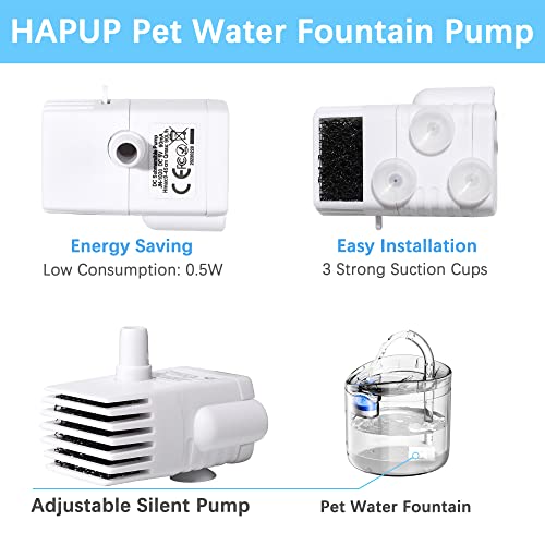 HAPUP Cat Water Fountain Pump Silent DC5V Original Pet Drinking Fountain Replacement Pump (170L/H) with 6.5ft USB Power Cord for 61OZ/1.8L HAPUP Dog Water Fountain Fish Tank Hydroponics (No Adapter)