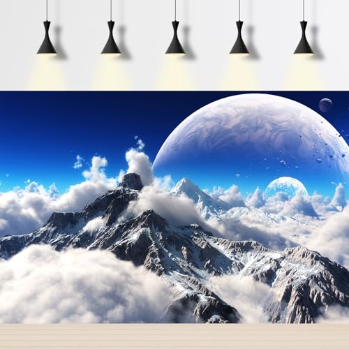 Celestial Aquarium Backdrop Snow Capped Mountains Alien Planet Terrarium Background Space Planets and Natural Landscape Fish Tank Backdrop Tranquil Natural Cloudy Sky Aquarium Backdrops 30x12in - color: White_Blue, size: 30(W)x12(H)in