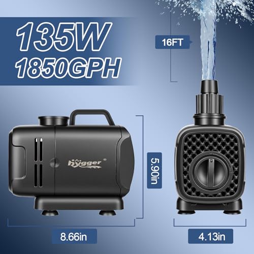 hygger 2-in-11850GPH Submersible Pump 135W, Side and Bottom Suction Fountain Water Pump with 16.4ft High Lift,Water Change with 4 Interchangeable Nozzles for Aquarium, Fish Tank, Hydroponics,Pond - size: 135W-16.4FT