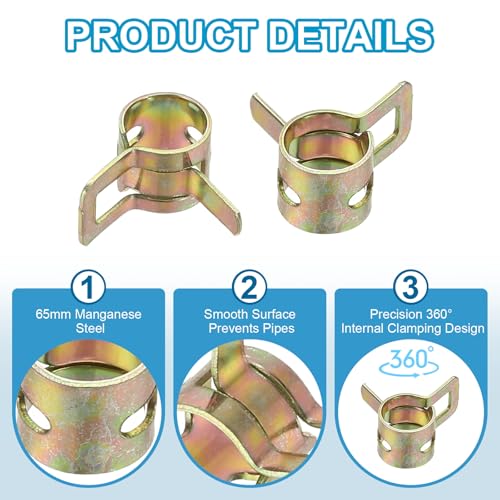 PATIKIL Spring Band Hose Pipe Clamps for 8-9.2 mm OD Hose, 30 Pack Silicone Vacuum Constant Tension Band Clips for Fuel Line Silicone Air Hose Tube Water Pipe, Gold - size: 8-9.2 mm