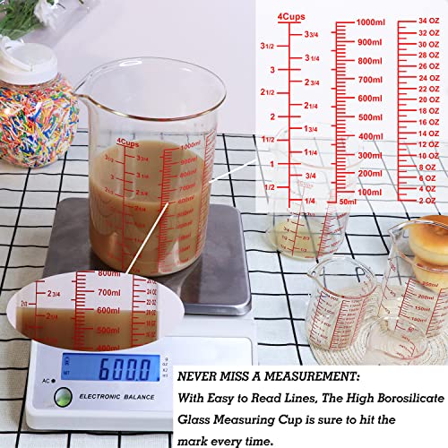 High Borosilicate Glass Measuring Cup-V-Shaped Spout，Glass Measuring Beaker for Kitchen or Restaurant, Easy to Read, 1000 ML (32 Oz, 4Cup) - size: 4Cup,1000ML