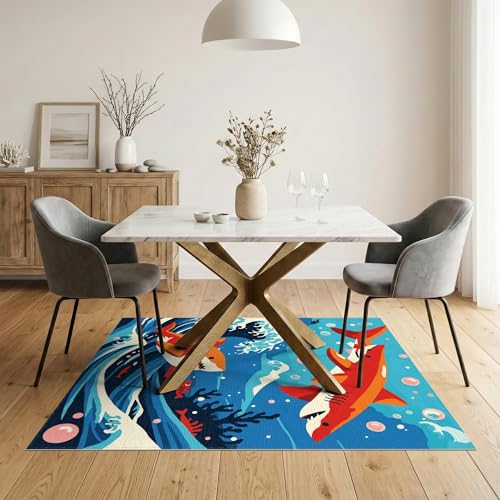 5'x7' Washable Kawaii Fish Area Rug, Red Flatwoven Floor Covering for Dining Room, Under Table, Home Office, Non-Slip Chair-Friendly Carpet | Ref:2070034 - color: Blue/Pattern 11, size: 5' x 7' (Rectangular)