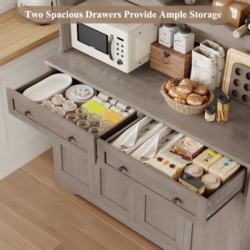 HOSTACK 75.4" Tall Kitchen Pantry Cabinet with Charging Station, Modern White Kitchen Hutch with Microwave Stand and Wine Rack, Large Food Pantry Storage Cabinet with Glass Doors and Drawers, Ash Gray - color: Ash Gray