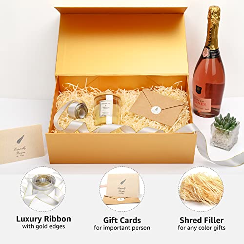 LIFELUM Gift Boxes with Lids,2 Pack 13.85 x 8.35 x 4.45 inch Gold Gift Boxes with Magnetic Lid and Ribbon, Card, Shredded Paper Filler Empty Gift Box for Christmas,Valentine's day,Birthdays - color: Gold, size: 1 count (Pack of 2)