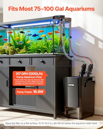 VEVOR 317GPH Canister Filter, 3-Stage External Aquarium Filter with Powerful Pump, Water Circulation Cleaning Machine with Media for Large Fish Tanks and Aquariums Up to 100 Gallons, for Freshwater - size: 317 GPH