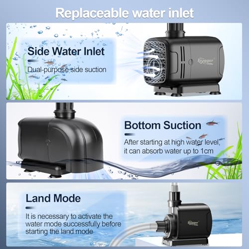 hygger 2-in-1 666GPH Submersible Pump 45W,Side and Bottom Suction Fountain Water Pump with 9.8ft High Lift,Quick Water Change with 4 Interchangeable Nozzles for Aquarium, Fish Tank, Hydroponics,Pond - size: 45W-9.8FT