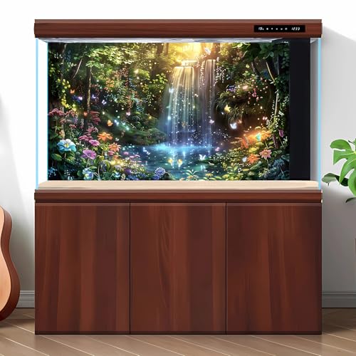 Jungle Waterfall Aquarium Background Fantasy Forest Vibrant Flowers Fish Tank Background Magical Forest Glade Dancing Butterflies Reptile Tank Backgrounds Tranquil Lake Terrarium Backgrounds 24x12in - color: Green_Purple, size: 24(W)x12(H)inches/ 60(W)*30