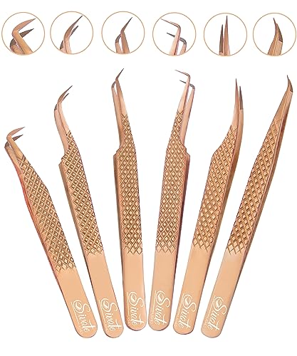Eyelash Extension Tweezers Fiber Tips, Set of 6, Curved, Dolphin, 90 Degree 45 Degree, Volume Boot & Slight Curved Tweezer, Rose Gold