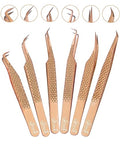 Eyelash Extension Tweezers Fiber Tips, Set of 6, Curved, Dolphin, 90 Degree 45 Degree, Volume Boot & Slight Curved Tweezer, Rose Gold