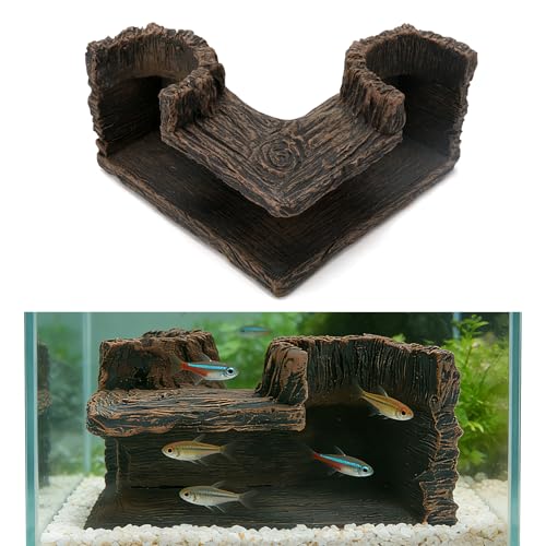 90° Corner Aquarium Tunnel Hide for Fish, Realistic Driftwood Stump Hides for Aquarium, Safe Resin Fish Cave for Betta, Shrimp, Corydoras, Axolotls (5.1"x5.1"x2.8")