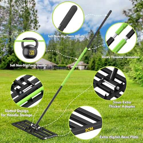 Seeutek Lawn Leveling Rake, 35” x 10” Lawn Leveler with 6.5FT Stainless Steel Handle Rakes for Lawns, 0-180° Adjustable Ground Leveler Tool for Yard, Level Soil Sand Dirt Surfaces - size: 35"*10"