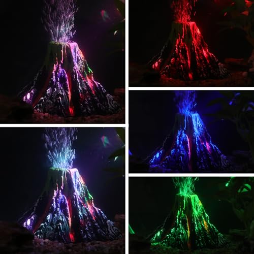 Aquarium Volcano Ornament Kit, Bubbler Decorations for Aquarium, Colorful LED Aquarium Light, Resin Volcano with Air Stone and Airline Tube for Fish Tank Decor and Oxygenation