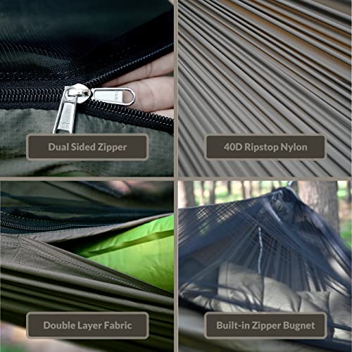 Onewind 11ft Zipper Hammock with Mosquito Net for Camping, Portable Double-Layer Northers Hammock with Adjustable Ridgeline for Camping, Hiking and Backpacking, OD Green, Sleeping Pad Not Included - color: Od Green-double Layer Hammock Bed, size: 11' x 64