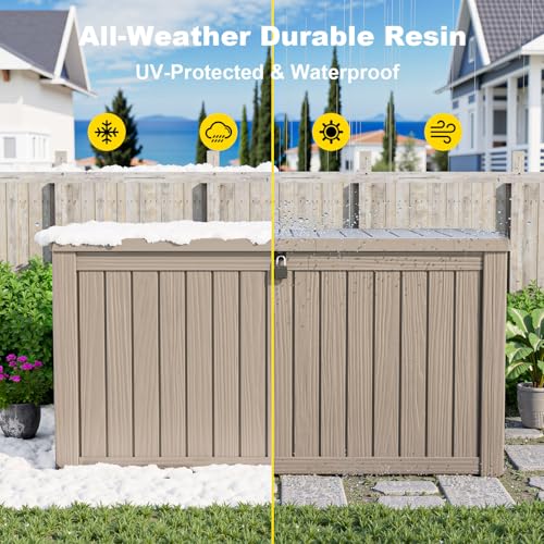 PatioZen 180 Gallon Resin Deck Box, Lockable Patio Outdoor Storage Box for Furniture, Garden Tools and Tools Storage, Waterproof Outside Storage Boxes - Grey - color: Grey, size: 180 Gallon