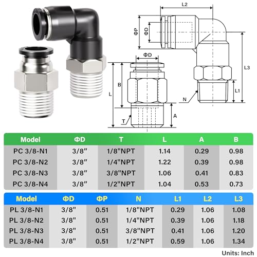 TAILONZ PNEUMATIC Elbow and Straight Combination 3/8 Inch Tube OD x 1/4 Inch NPT Thread Push to Connect Fittings PC-3/8-N2+PL-3/8-N2(Pack of 30) - size: 3/8"OD x 1/4"NPT
