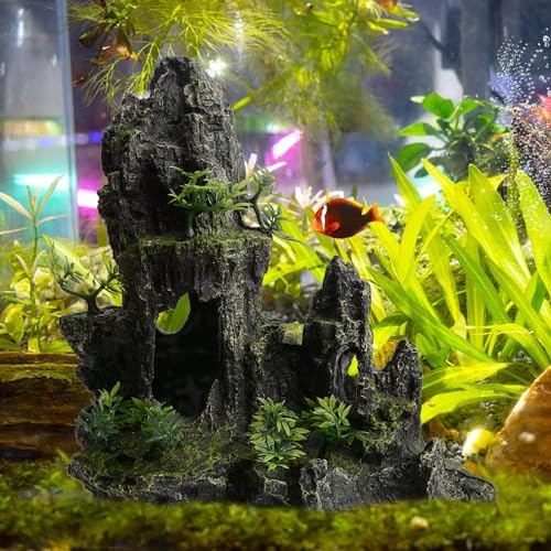 Aquarium Decorations Large Mountain View Stone Rock Cave Resin Betta Shrimp Hideout Ornaments with Small Plants Fish Tank Decorations