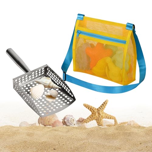 MUYIZI Sand Sifter Shovel with Mesh Beach Bag, Detachable Shell Scooper for Beach,Sand Scoop for Shell Collecting, Shark Teeth Sifter Dipper, Multi-Use Sifting Tool,Beach Toys for Kids (Blue+Yellow) - color: Blue+yellow