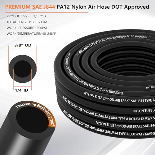 35FT 3/8" DOT Air Line 3/8 SAE J844 PA12 Nylon Air Hose with Cutter 3/8" OD Pneumatic Air LineTubing Pipe Hose for Air Suspension Kit Truck Trailer Brake System &Industrial Fluid Transfer 11M