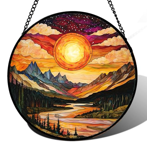 DASTOLL Stained Glass Window Hanging, Dusk Sunset Landscape Sun Catchers Glass Panel Lakes and Mountains Suncatcher Decor for Birthday for Women, Men, Wife, Aunt, and Mom 14.9 in - color: Golden Red, size: 14.9x14.9 IN