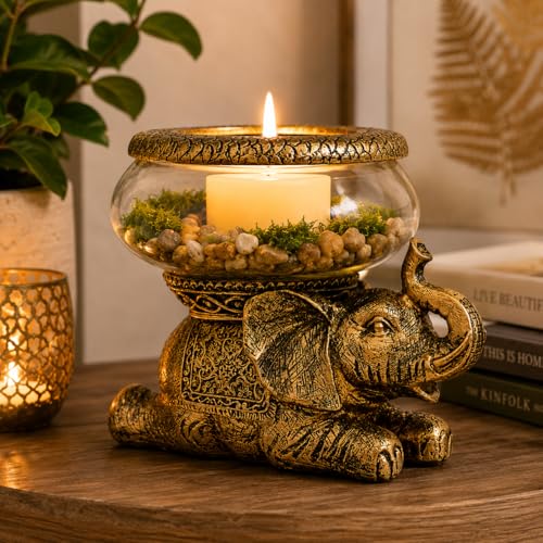 Good Luck Elephant Terrarium Bowl – Antique Gold Elephant Figurine with Removable Glass Bowl, Succulent Planter, Candle Holder, Air Plant Display & Zen Home Décor Accent